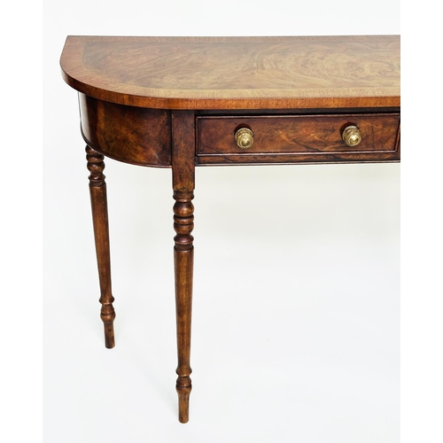 137 - HALL TABLE, George III design burr walnut and crossbanded with two drawers and turned tapering suppo... 