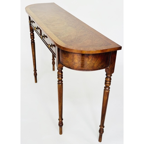 137 - HALL TABLE, George III design burr walnut and crossbanded with two drawers and turned tapering suppo... 