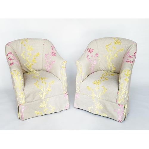 138 - TUB ARMCHAIRS, a pair Edwardian with linen loose covers with two colour crewel type decoration, 71cm... 