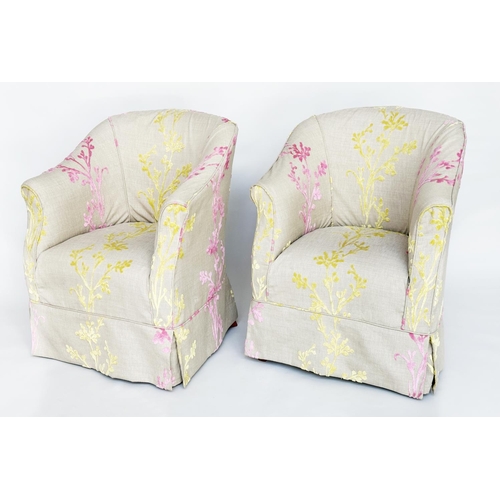 138 - TUB ARMCHAIRS, a pair Edwardian with linen loose covers with two colour crewel type decoration, 71cm... 