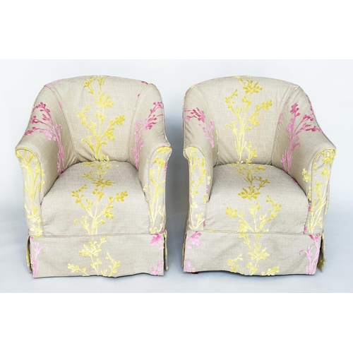 138 - TUB ARMCHAIRS, a pair Edwardian with linen loose covers with two colour crewel type decoration, 71cm... 