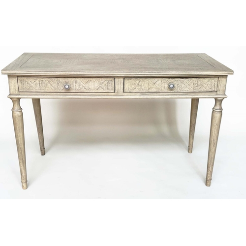 141 - WRITING TABLE, French style painted with faux parquetry top above two drawers and turned tapering su... 