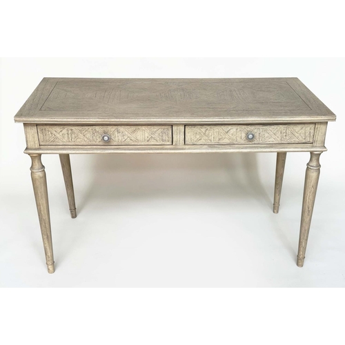 141 - WRITING TABLE, French style painted with faux parquetry top above two drawers and turned tapering su... 