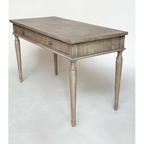 141 - WRITING TABLE, French style painted with faux parquetry top above two drawers and turned tapering su... 