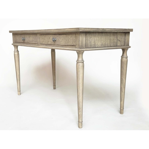 141 - WRITING TABLE, French style painted with faux parquetry top above two drawers and turned tapering su... 