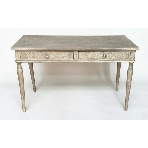 141 - WRITING TABLE, French style painted with faux parquetry top above two drawers and turned tapering su... 