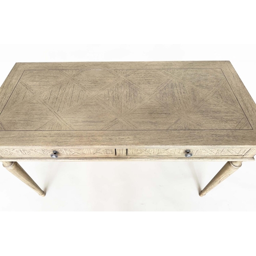 141 - WRITING TABLE, French style painted with faux parquetry top above two drawers and turned tapering su... 