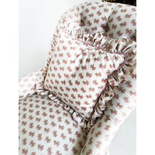 142 - SLIPPER CHAIR, Victorian with printed Colefax and Fowler style bows and dot chintz upholstery with b... 