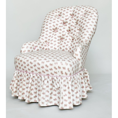 142 - SLIPPER CHAIR, Victorian with printed Colefax and Fowler style bows and dot chintz upholstery with b... 