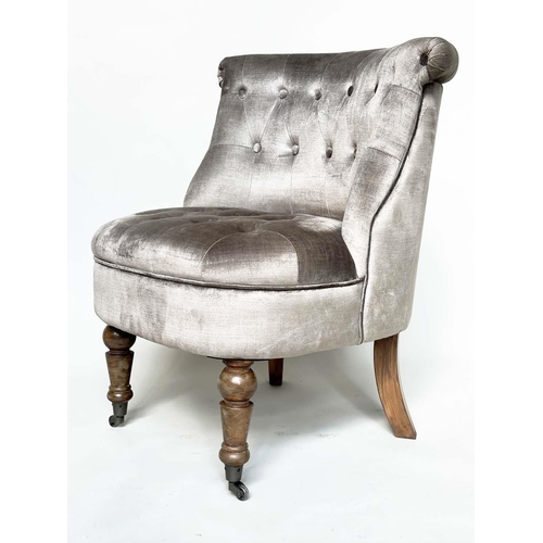 178 - SLIPPER CHAIR, buttoned pale green velvet upholstered with turned front supports, 67cm W.