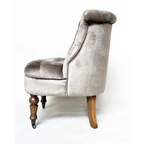 178 - SLIPPER CHAIR, buttoned pale green velvet upholstered with turned front supports, 67cm W.