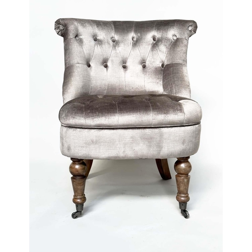 178 - SLIPPER CHAIR, buttoned pale green velvet upholstered with turned front supports, 67cm W.