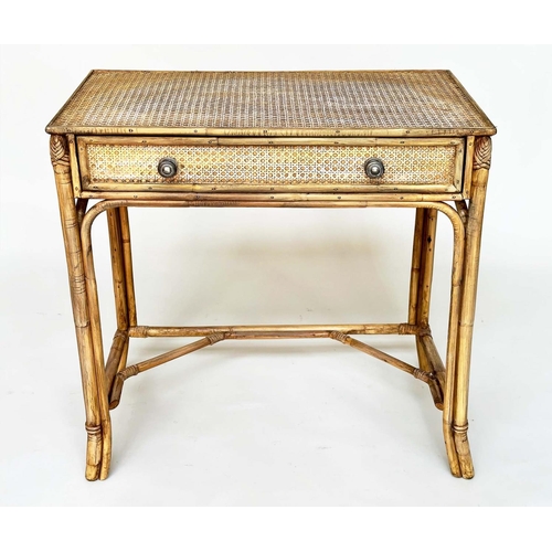 179 - WRITING TABLE BY 'ANGRAVES', vintage rattan framed cane panelled and bound with frieze drawer, 71cm ... 