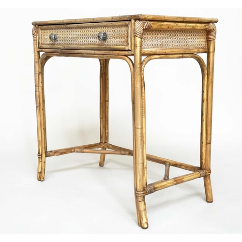 179 - WRITING TABLE BY 'ANGRAVES', vintage rattan framed cane panelled and bound with frieze drawer, 71cm ... 