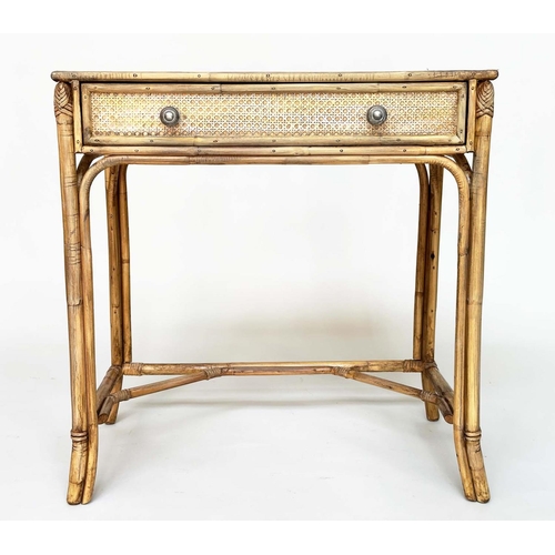 179 - WRITING TABLE BY 'ANGRAVES', vintage rattan framed cane panelled and bound with frieze drawer, 71cm ... 