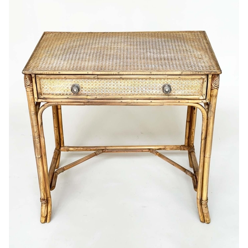 179 - WRITING TABLE BY 'ANGRAVES', vintage rattan framed cane panelled and bound with frieze drawer, 71cm ... 