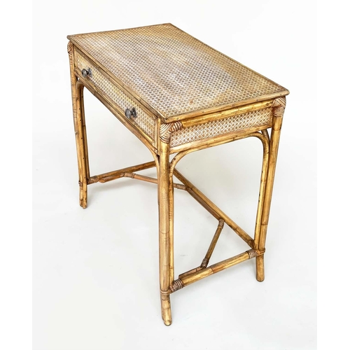 179 - WRITING TABLE BY 'ANGRAVES', vintage rattan framed cane panelled and bound with frieze drawer, 71cm ... 