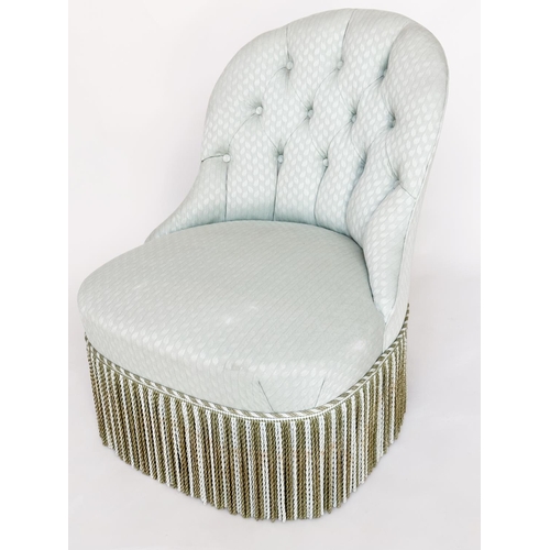 182 - SLIPPER CHAIR, with green/white oak leaf upholstery with arched buttoned back and deep fringe.