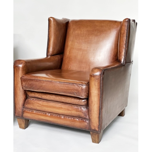 184 - WING ARMCHAIRS, a pair, early 20th century style in hand finished soft tan leather upholstery. (2)