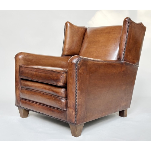 184 - WING ARMCHAIRS, a pair, early 20th century style in hand finished soft tan leather upholstery. (2)