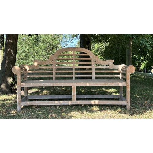 189 - LUTYENS STYLE GARDEN BENCH, well weathered teak, slatted and dowelled construction after the design ... 