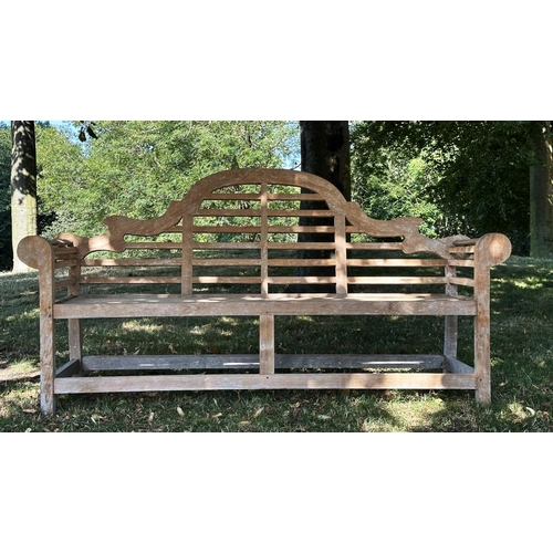 189 - LUTYENS STYLE GARDEN BENCH, well weathered teak, slatted and dowelled construction after the design ... 