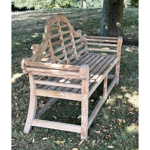 189 - LUTYENS STYLE GARDEN BENCH, well weathered teak, slatted and dowelled construction after the design ... 