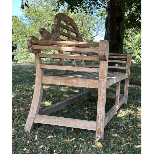 189 - LUTYENS STYLE GARDEN BENCH, well weathered teak, slatted and dowelled construction after the design ... 