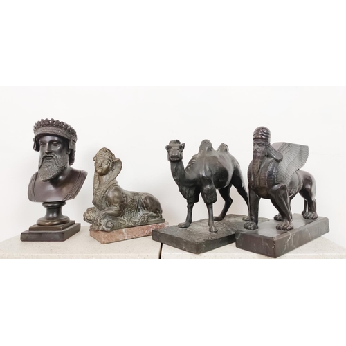 3 - CLASSICAL STYLE BRONZES, a sphynx, camel, Assyrian guardian and bust of Poseidon, 25cm H. (4)