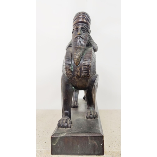 3 - CLASSICAL STYLE BRONZES, a sphynx, camel, Assyrian guardian and bust of Poseidon, 25cm H. (4)