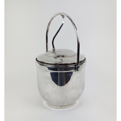 41 - A SILVER PLATED LIDDED ICE BUCKET, the hinged lid enclosing an opaline glass bowl, 34cm high, A STAG... 