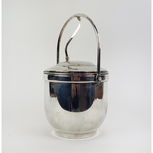 41 - A SILVER PLATED LIDDED ICE BUCKET, the hinged lid enclosing an opaline glass bowl, 34cm high, A STAG... 