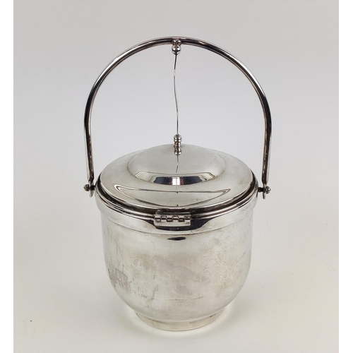 41 - A SILVER PLATED LIDDED ICE BUCKET, the hinged lid enclosing an opaline glass bowl, 34cm high, A STAG... 