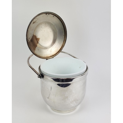 41 - A SILVER PLATED LIDDED ICE BUCKET, the hinged lid enclosing an opaline glass bowl, 34cm high, A STAG... 