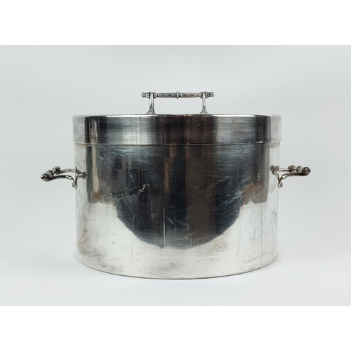 41 - A SILVER PLATED LIDDED ICE BUCKET, the hinged lid enclosing an opaline glass bowl, 34cm high, A STAG... 