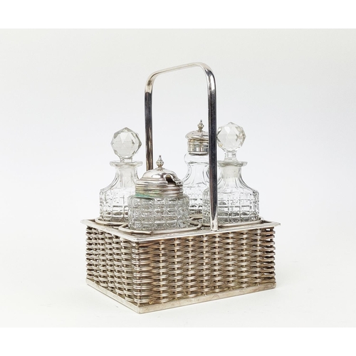 42 - A SILVER PLATED AND CUT GLASS CRUET SET, with four cut glass pieces, in a silver plated basket weave... 