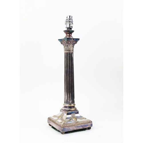 43 - A VICTORIAN ADAMESQUE SILVER PLATED CONVERTED TABLE LAMP, by the Goldsmiths and Silversmiths company... 