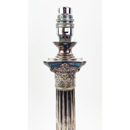 43 - A VICTORIAN ADAMESQUE SILVER PLATED CONVERTED TABLE LAMP, by the Goldsmiths and Silversmiths company... 