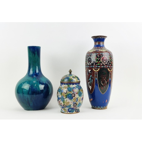 50 - CLOSOINNE VASE, blue ground A/F and another with lid, and a Chinese glazed vase. (3)