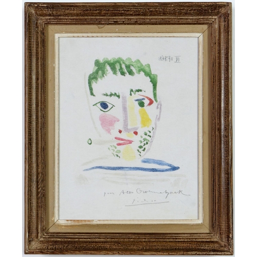 104 - AFTER PABLO PICASSO, portrait of smoker on cotton, signed in the plate, French vintage frame, 33cm x... 