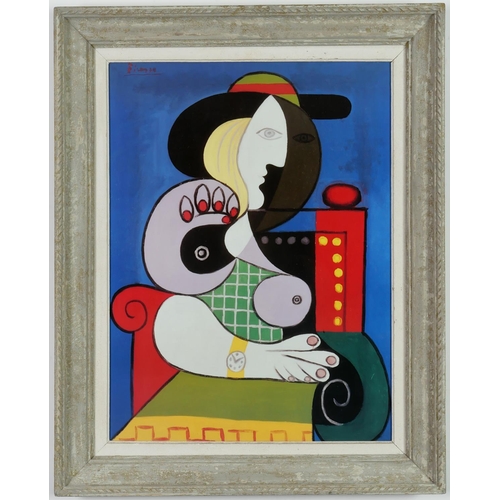 99 - AFTER PABLO PICASSO, 'Seated woman', signed in the plate, large quadrichrome, French vintage frame, ... 