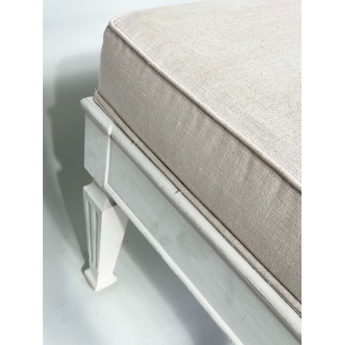 202 - HEARTH STOOL, French Directoire style grey painted rectangular with natural linen piped upholstery, ... 