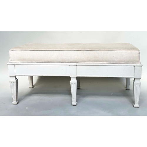 202 - HEARTH STOOL, French Directoire style grey painted rectangular with natural linen piped upholstery, ... 