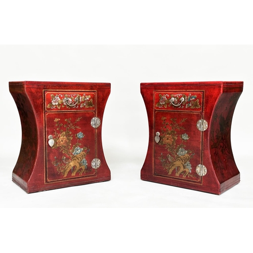 171 - CHINESE SIDE TABLES, a pair, scarlet lacquered and gilt Chinoiserie decorated each with drawer and c... 