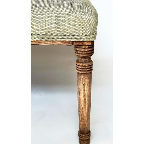 164 - HEARTH STOOL, rectangular oak well upholstered, linen covered with turned tapering supports, part Ge... 