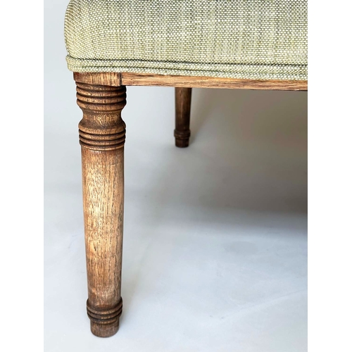 164 - HEARTH STOOL, rectangular oak well upholstered, linen covered with turned tapering supports, part Ge... 