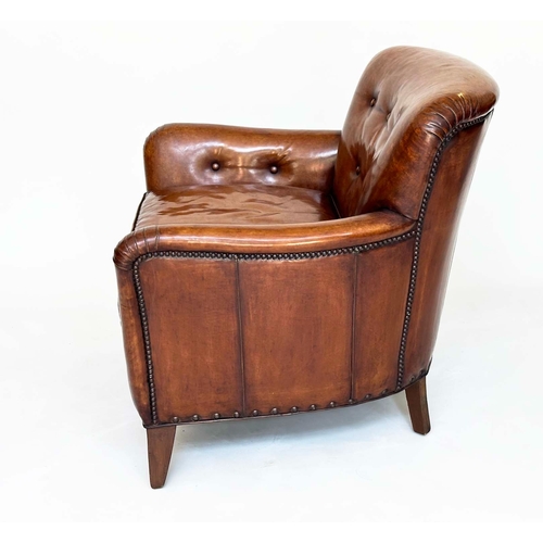 165 - LIBRARY ARMCHAIR BY HANCOCK AND MOORE, club form hand finished soft tan brown leather with rounded b... 