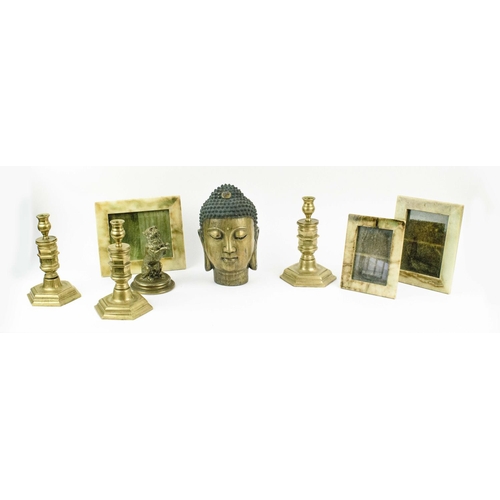 13 - CHINESE BRONZE BUDDHA HEAD, character marks to the underside, a set of three brass candlesticks, thr... 