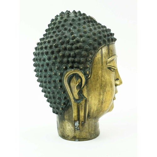 13 - CHINESE BRONZE BUDDHA HEAD, character marks to the underside, a set of three brass candlesticks, thr... 