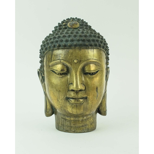 13 - CHINESE BRONZE BUDDHA HEAD, character marks to the underside, a set of three brass candlesticks, thr... 